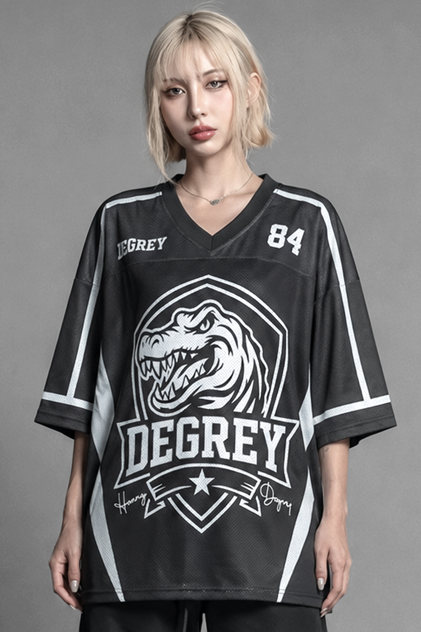  Áo thun thể thao màu ĐEN Degrey Jersey Rex 84 cổ tim - JERREXDEN 