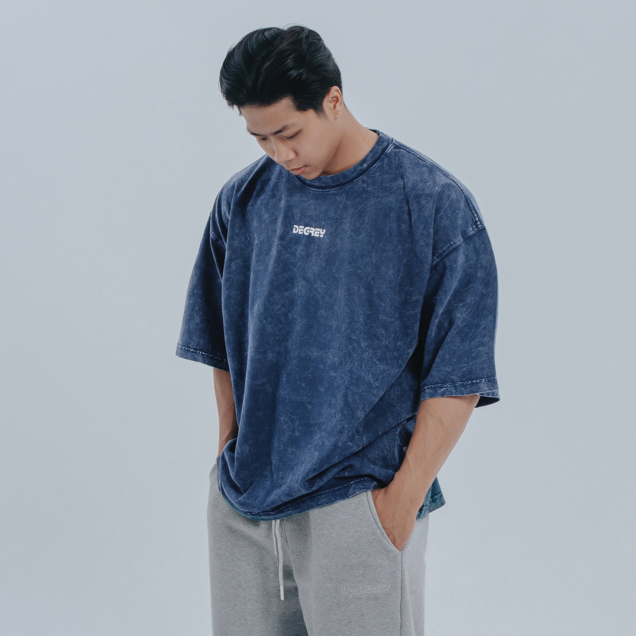  Áo Thun màu wax xanh dương Degrey kiểu dáng rộng in logo BIG D - OVSWAXXANH 