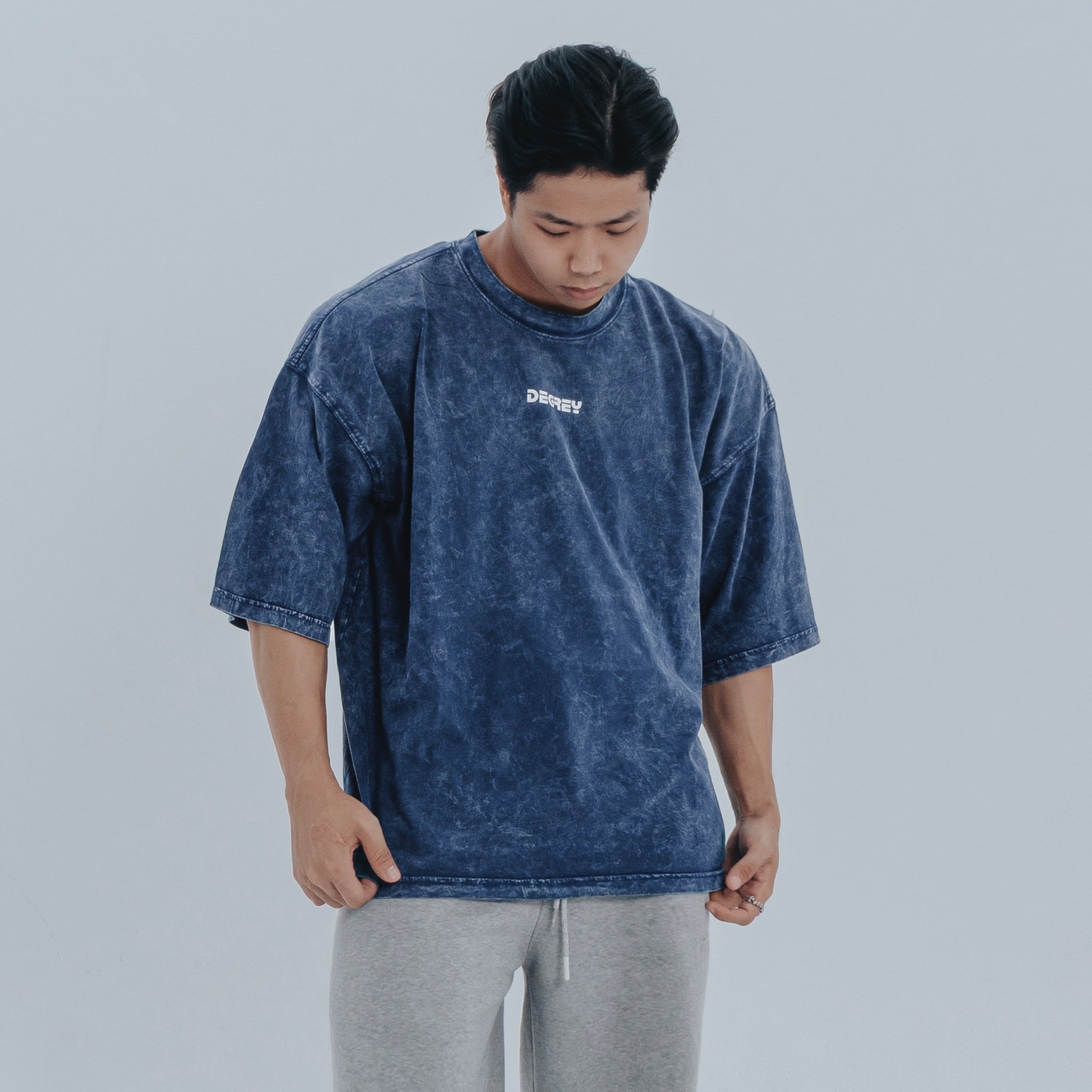  Áo Thun màu wax xanh dương Degrey kiểu dáng rộng in logo BIG D - OVSWAXXANH 