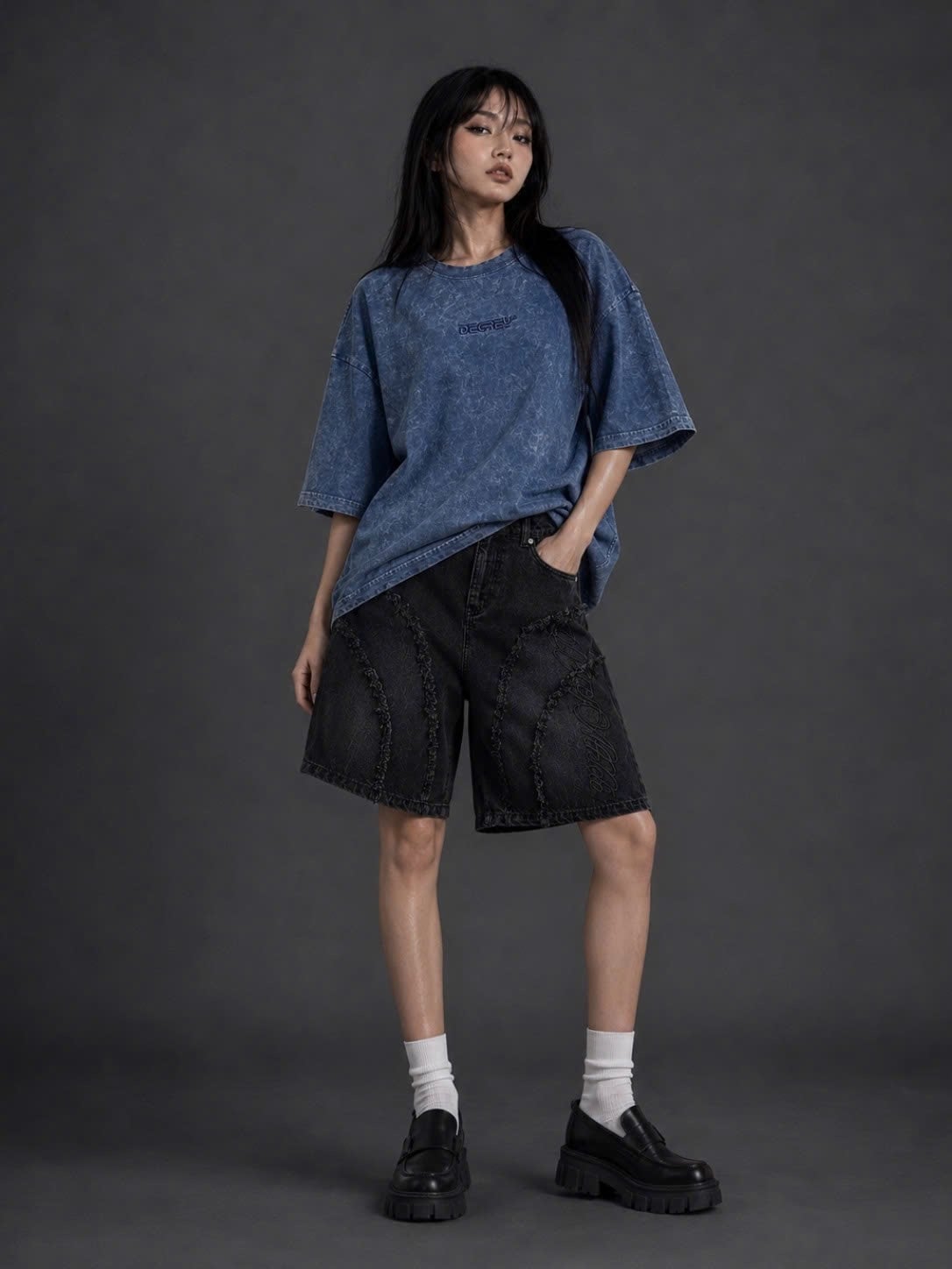  Áo Thun wax BLUE Degrey kiểu dáng rộng thêu logo - OVSWAXBLUE 
