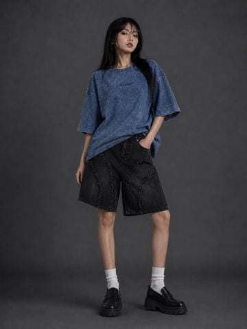  Áo Thun wax BLUE Degrey kiểu dáng rộng thêu logo - OVSWAXBLUE 
