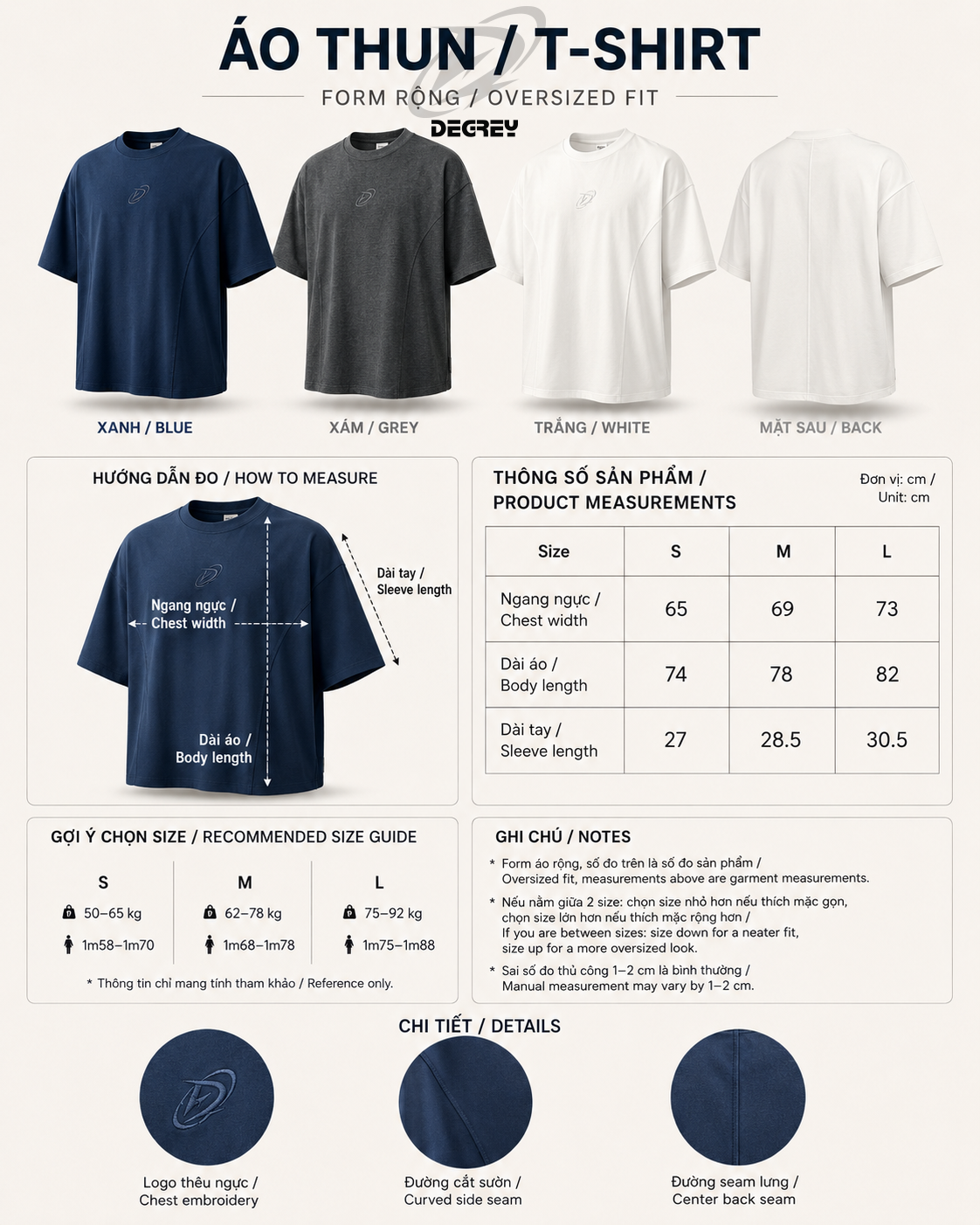  Áo Thun Degrey TC Oversize màu NAVY thêu New Logo - OVSTCNAVY 