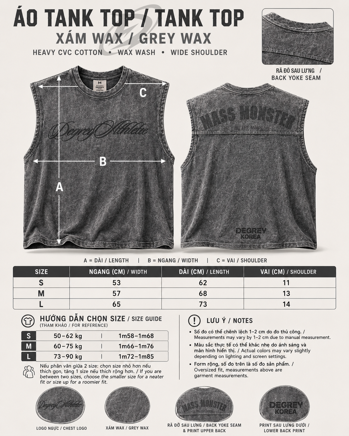  Degrey Korea Áo ba lỗ WAX ĐEN Tank Top MASSMONSTER - TANKMASSWAX 