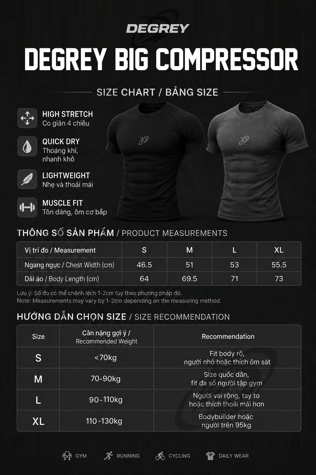  Áo thun thể thao màu ĐEN Degrey BIG Compressor Tee thêu logo - BIGCOMTEEDEN 