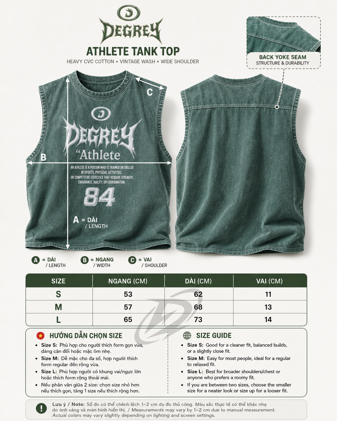  Áo ba lỗ Tank Top Degrey Cotton WAX GREEN Tee Athlete - TANKWAXG 