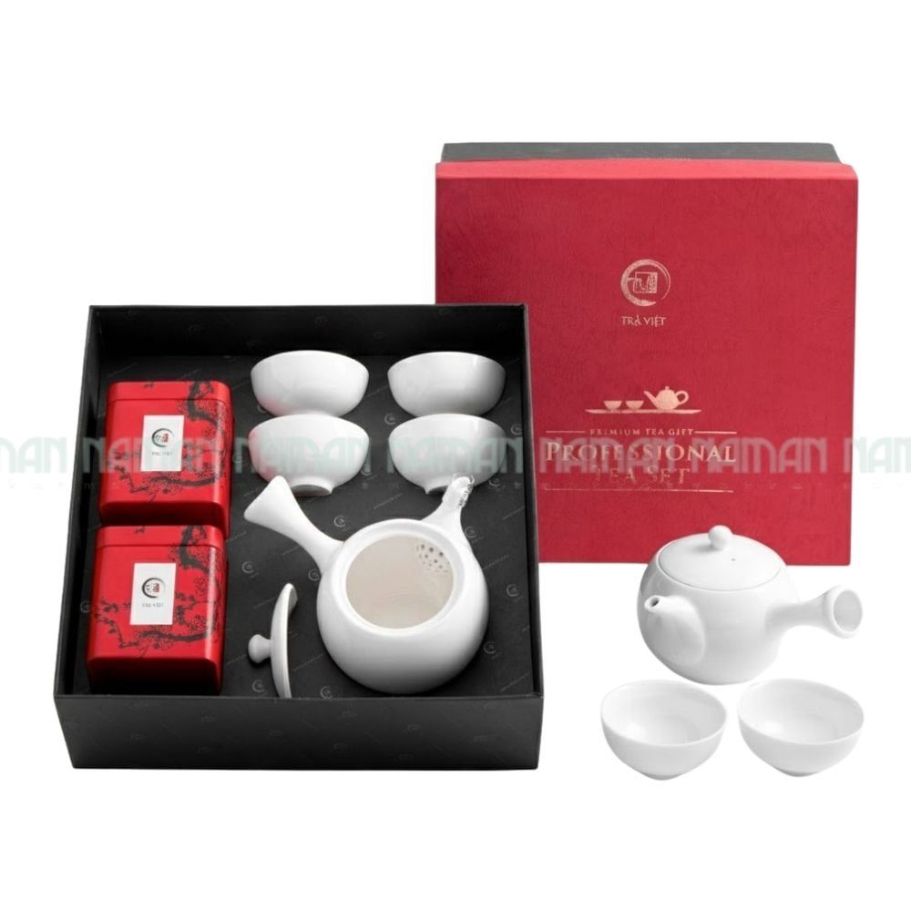 Giftset Auspicious [Porcelain Tea Set + Olong 60G + Lotus Tea 60G] Tra Viet