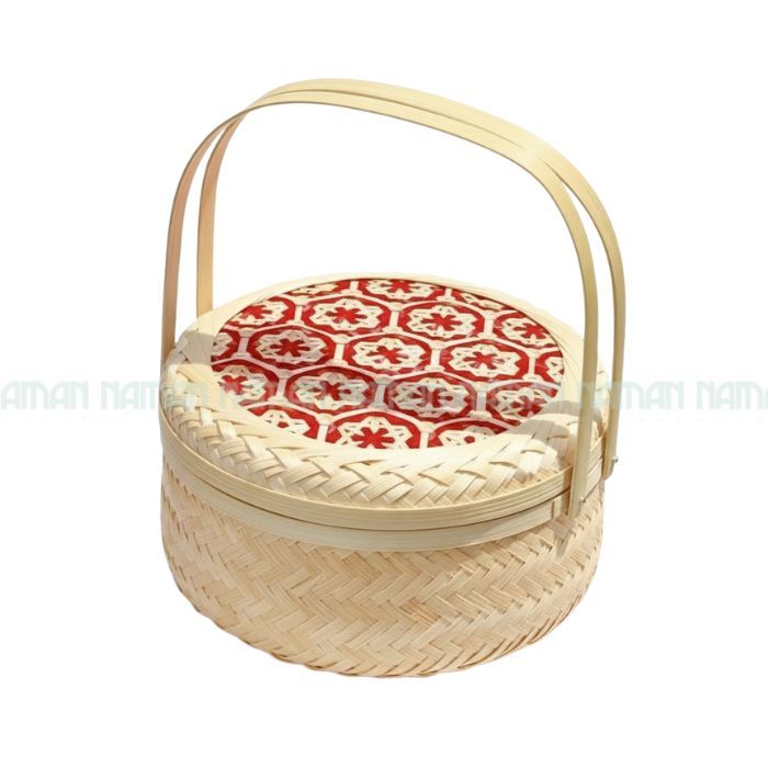 Giỏ Tre Tròn Nắp Hoa Đỏ Mây Tre Lá 25X15