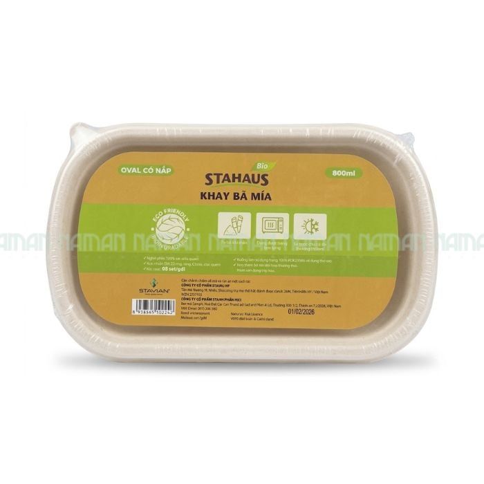 Oval Bagasse Container With Lid Stahaus 800Ml 5 Pcs/Pack