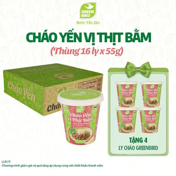  Thùng 16 Cháo yến Green Bird vị thịt bằm - Ly 55g 