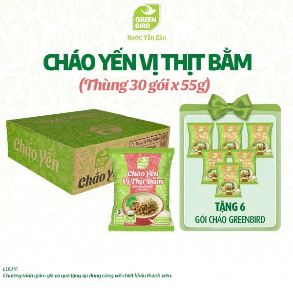  Thùng 30 Cháo yến Green Bird vị thịt bằm - Gói 55g 