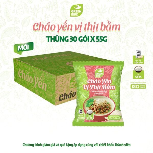  Thùng 30 Cháo yến Green Bird vị thịt bằm - Gói 55g 