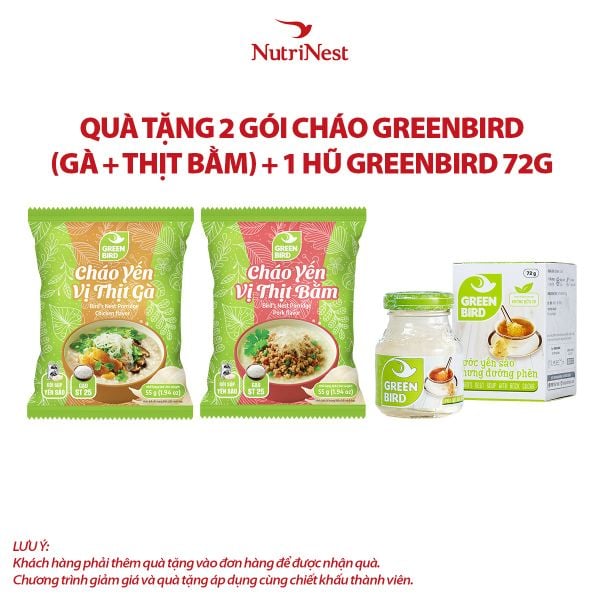  Combo 1 Green Bird 72g - Hũ đơn và 2 Cháo yến Green Bird vị thịt bằm - vị thịt gà - Gói 55g - Hàng khuyến mãi không thu tiền 