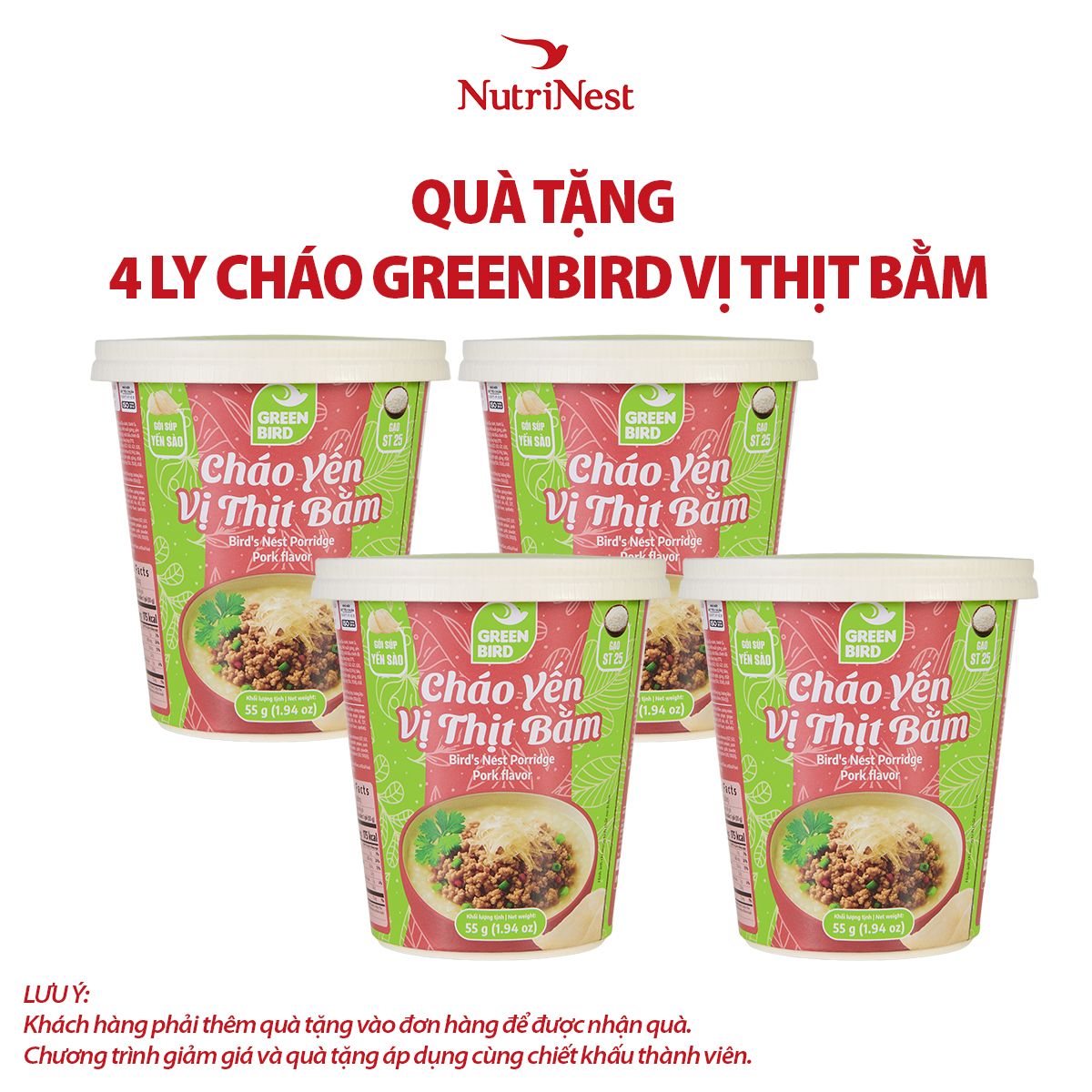  Combo 4 Cháo yến Green Bird vị thịt bằm - Ly 55g - Hàng khuyến mãi không thu tiền 