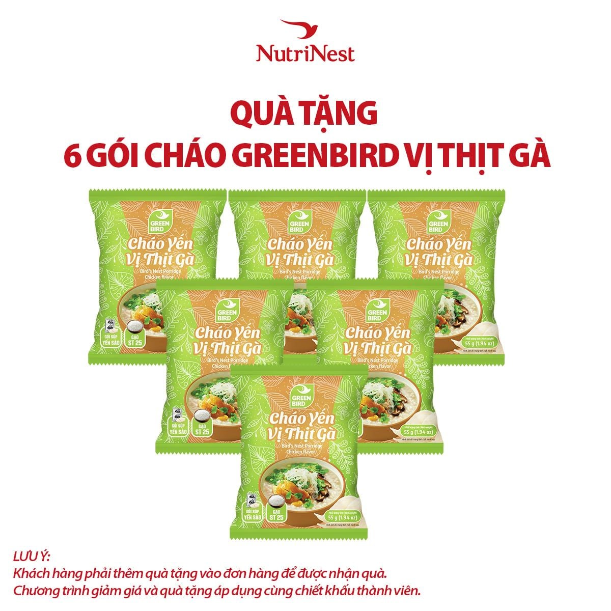 Combo 6 Cháo yến Green Bird vị thịt gà - Gói 55g - Hàng khuyến mãi không thu tiền 