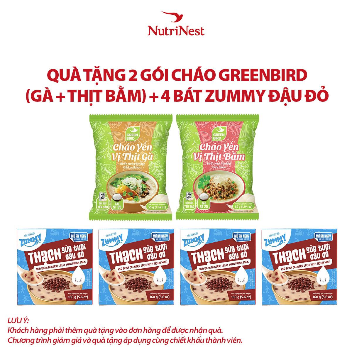  Combo 4 Zummy Thạch sữa tươi đậu đỏ 160g và 2 Cháo yến Green Bird vị thịt bằm - vị thịt gà - Gói 55g - Hàng khuyến mãi không thu tiền 