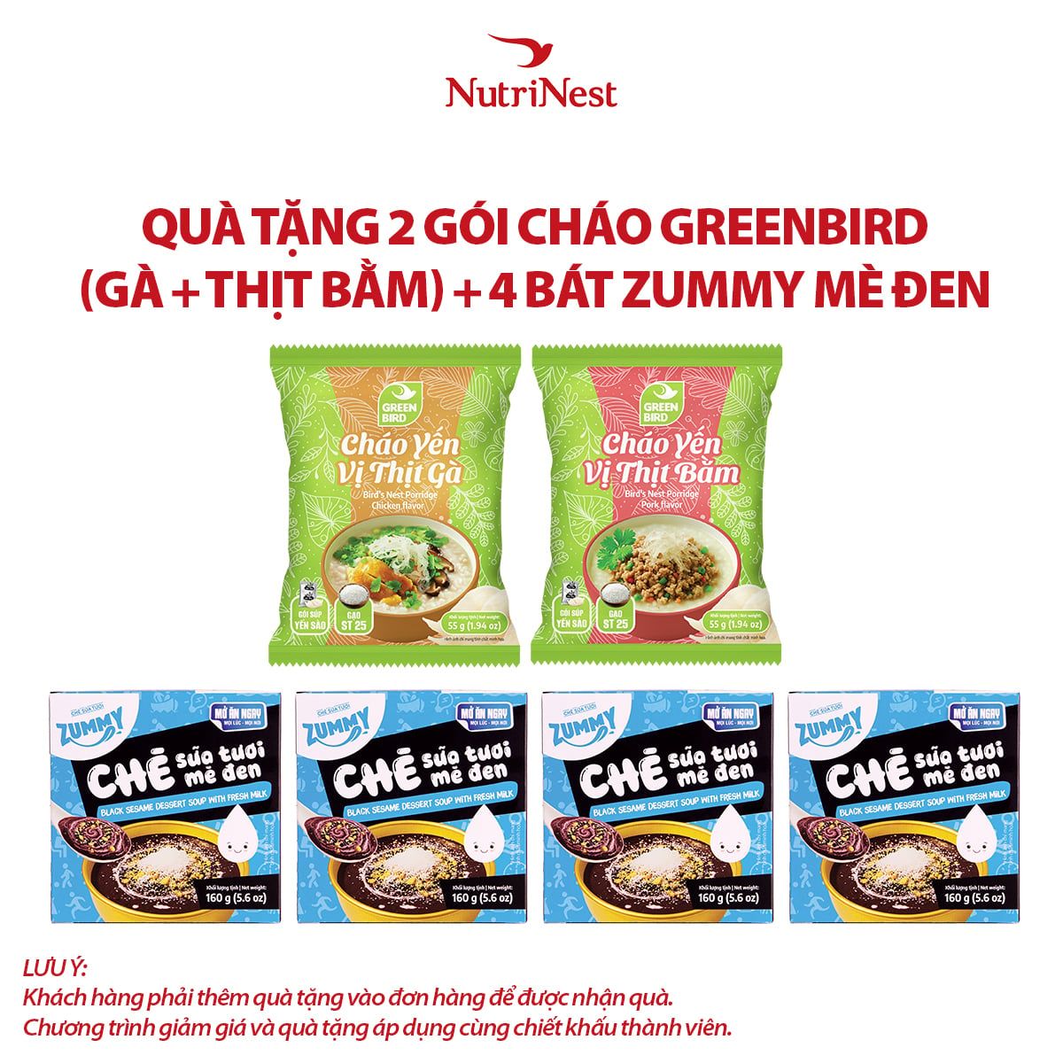 Combo 4 Zummy Chè sữa tươi mè đen 160g và 2 Cháo yến Green Bird vị thịt bằm - vị thịt gà - Gói 55g - Hàng khuyến mãi không thu tiền 
