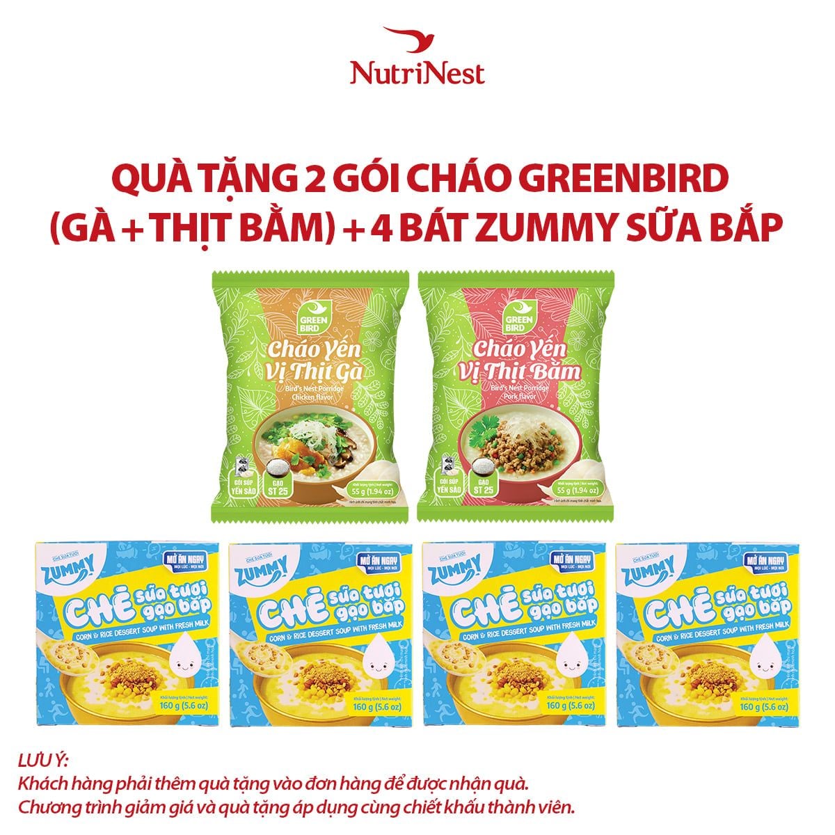  Combo 4 Zummy Chè sữa tươi gạo bắp 160g và 2 Cháo yến Green Bird vị thịt bằm - vị thịt gà - Gói 55g - Hàng khuyến mãi không thu tiền 