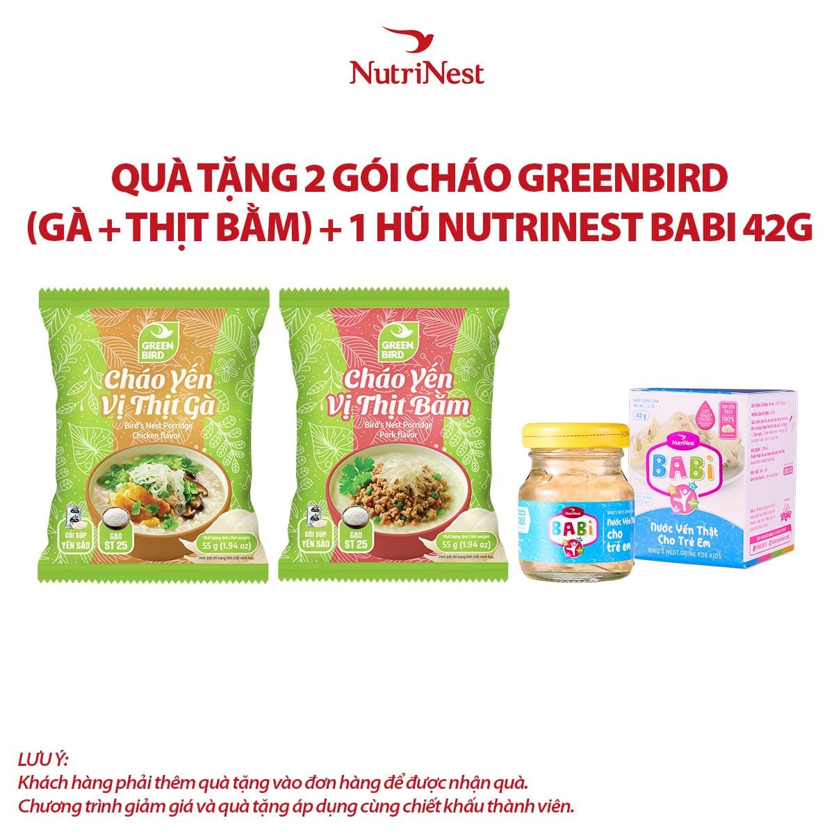  Combo 1 NutriNest Babi 42g - Hũ đơn và 2 Cháo yến Green Bird vị thịt bằm - vị thịt gà - Gói 55g - Hàng khuyến mãi không thu tiền 