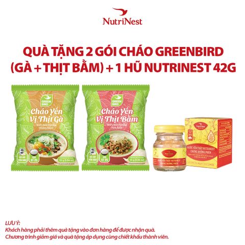 Combo 1 NutriNest 42g - Hũ đơn và 2 Cháo yến Green Bird vị thịt bằm - vị thịt gà - Gói 55g - Hàng khuyến mãi không thu tiền