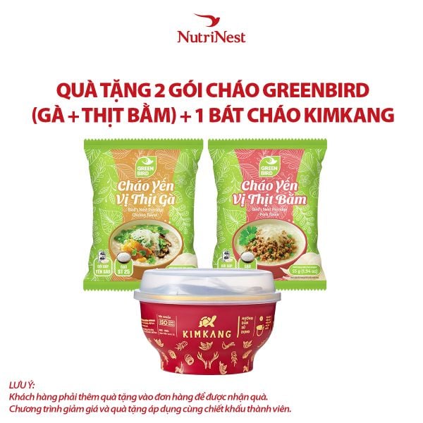  Combo 1 KimKang - Cháo tổ yến bào ngư sò điệp 255g và 2 Cháo yến Green Bird vị thịt bằm - vị thịt gà - Gói 55g - Hàng khuyến mãi không thu tiền 