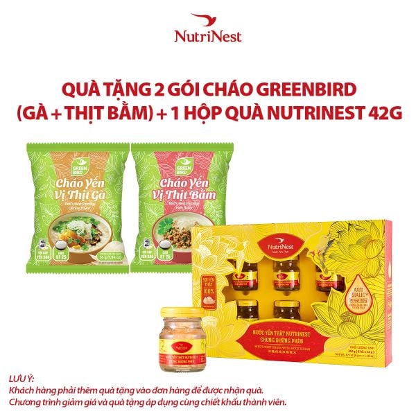  Combo 1 NutriNest 42g - Hộp quà 6 và 2 Cháo yến Green Bird vị thịt bằm - vị thịt gà - Gói 55g - Hàng khuyến mãi không thu tiền 