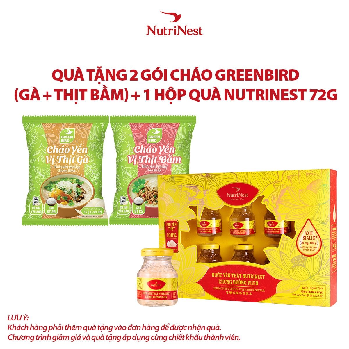  Combo 1 NutriNest 72g - Hộp quà 6 và 2 Cháo yến Green Bird vị thịt bằm - vị thịt gà - Gói 55g - Hàng khuyến mãi không thu tiền 