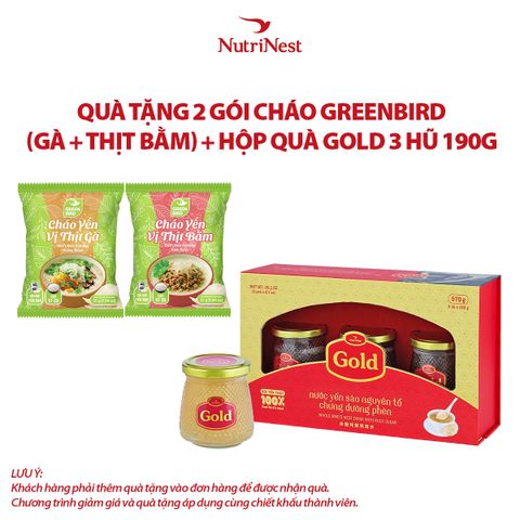 Combo 1 Gold 190g - Hộp quà 3 hũ và 2 Cháo yến Green Bird vị thịt bằm - vị thịt gà - Gói 55g - Hàng khuyến mãi không thu tiền