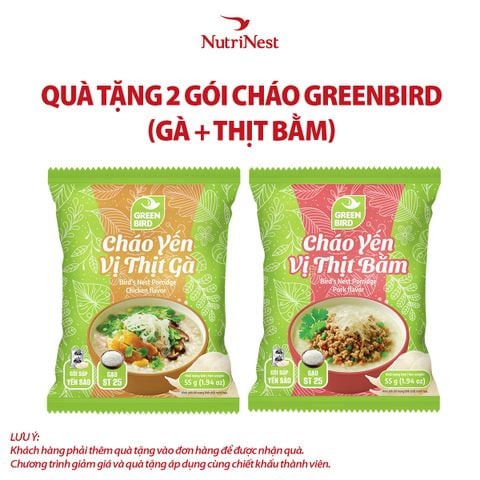 Combo 2 Cháo yến Green Bird vị thịt bằm - vị thịt gà - Gói 55g - Hàng khuyến mãi không thu tiền