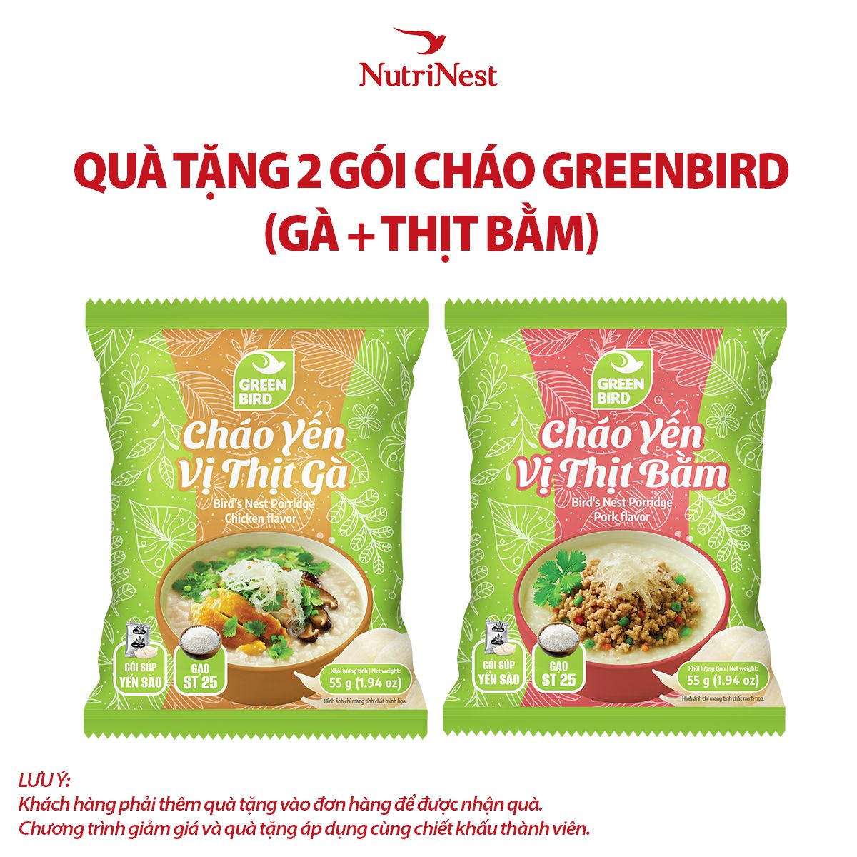  Combo 2 Cháo yến Green Bird vị thịt bằm - vị thịt gà - Gói 55g - Hàng khuyến mãi không thu tiền 