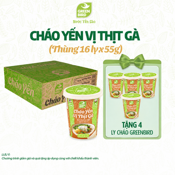  Thùng 16 Cháo yến Green Bird vị thịt gà - Ly 55g 