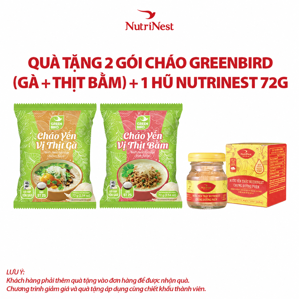  Combo 1 NutriNest 72g - Hũ đơn và 2 Cháo yến Green Bird vị thịt bằm - vị thịt gà - Gói 55g - Hàng khuyến mãi không thu tiền 