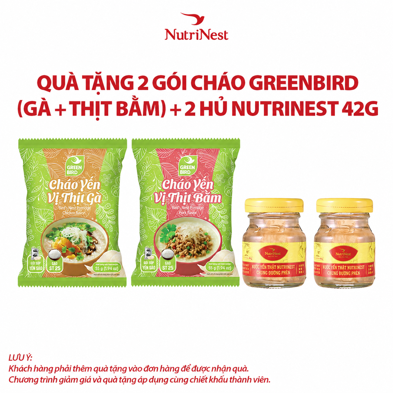  Combo 2 NutriNest 42g - Hũ đơn và 2 Cháo yến Green Bird vị thịt bằm - vị thịt gà - Gói 55g - Hàng khuyến mãi không thu tiền 