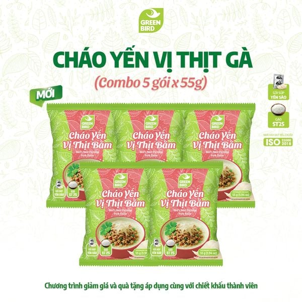  Combo 5 Cháo yến Green Bird vị thịt bằm - Gói 55g 