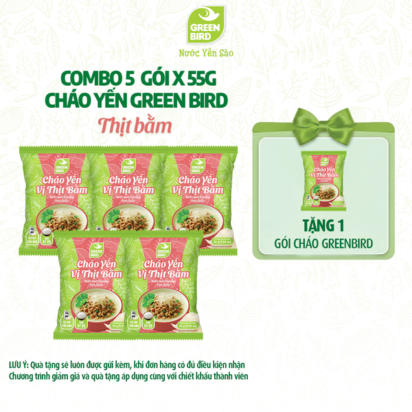  Combo 5 Cháo yến Green Bird vị thịt bằm - Gói 55g 