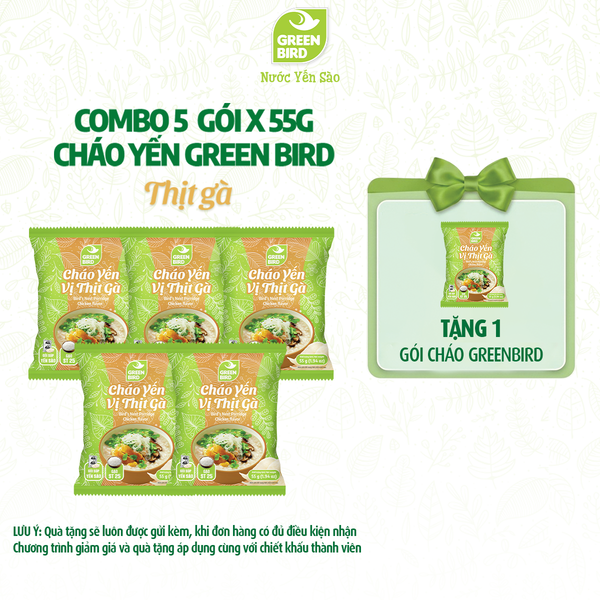  Combo 5 Cháo yến Green Bird vị thịt gà - Gói 55g 