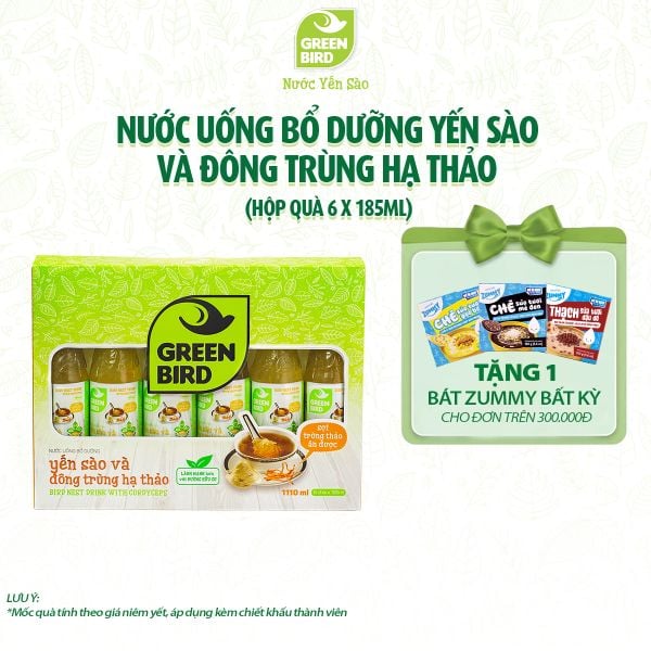  Nước Yến Sào Green Bird đông trùng hạ thảo - hộp quà 6 (Green Bird Đông trùng 185ml - Hộp quà 6) 