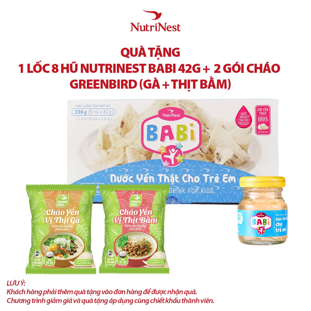  Combo 1 NutriNest Babi 42g - Lốc 8 và 2 Cháo yến Green Bird vị thịt bằm - vị thịt gà - Gói 55g - Hàng khuyến mãi không thu tiền 
