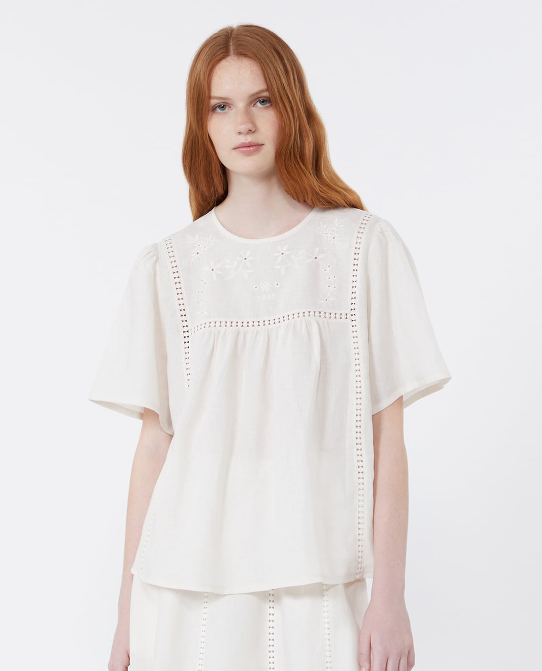 WEEKEND MAX MARA - Áo kiểu nữ cổ tròn tay ngắn thêu hoa Wkdbacino