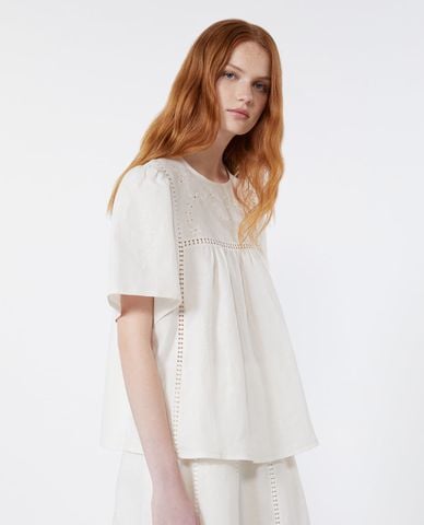  WEEKEND MAX MARA - Áo kiểu nữ cổ tròn tay ngắn thêu hoa Wkdbacino 