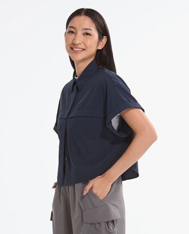  SKECHERS - Áo sơ mi nữ cổ bẻ tay ngắn phom croptop 