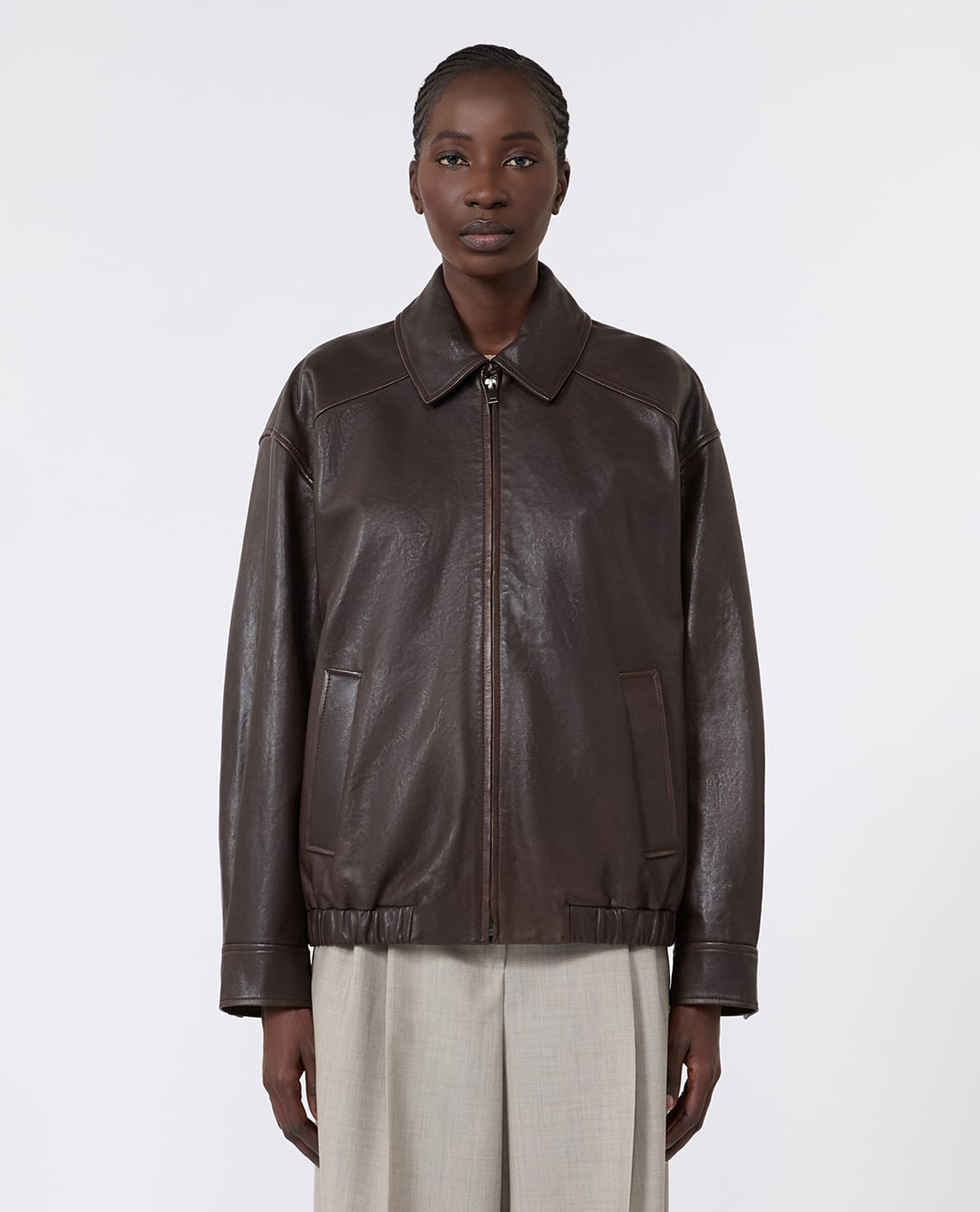WEEKEND MAX MARA - Áo khoác da cổ nữ bẻ tay dài Wkdcose