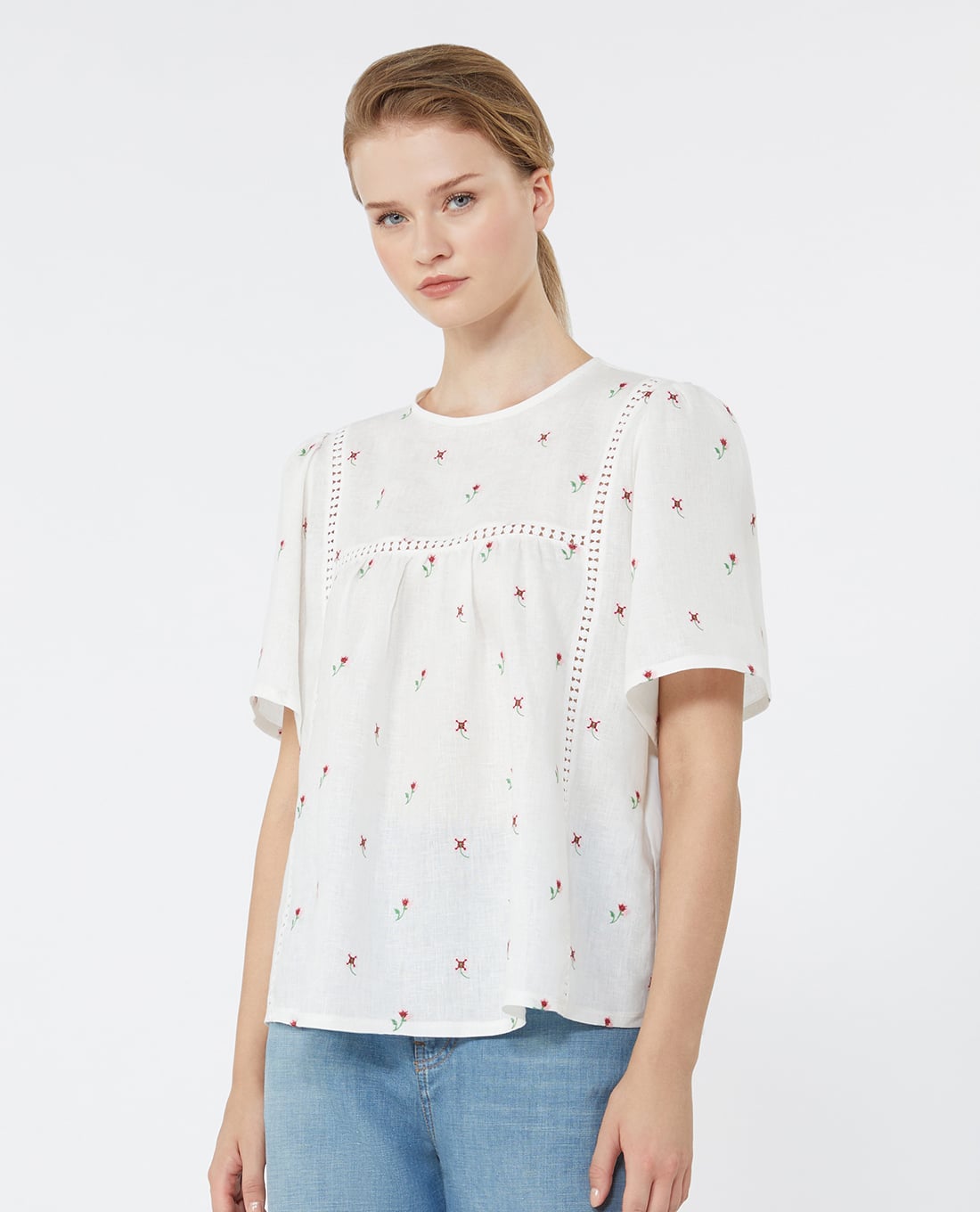 WEEKEND MAX MARA - Áo kiểu nữ cổ tròn tay ngắn thêu hoa Wkdbacino