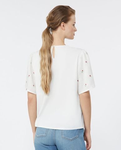  WEEKEND MAX MARA - Áo kiểu nữ cổ tròn tay ngắn thêu hoa Wkdbacino 