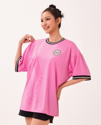  SKECHERS - Áo thun nữ cổ tròn tay ngắn Game On Iconic 