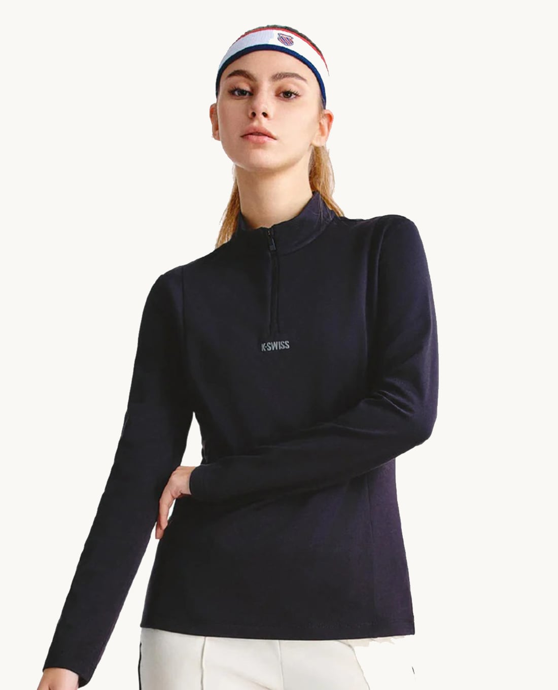 K-SWISS - Áo thun thể thao nữ cổ trụ tay dài khóa zip