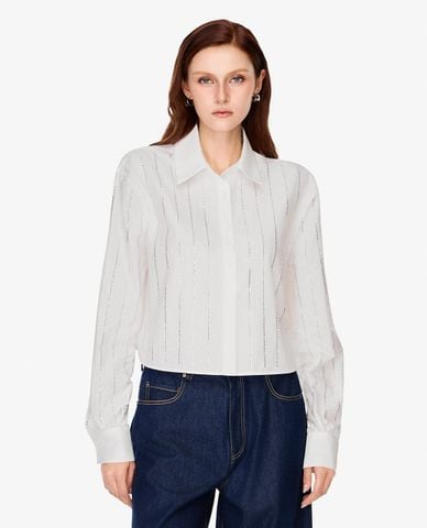  GIGI - Áo sơ mi nữ cổ bẻ tay dài kẻ sọc ánh kim 