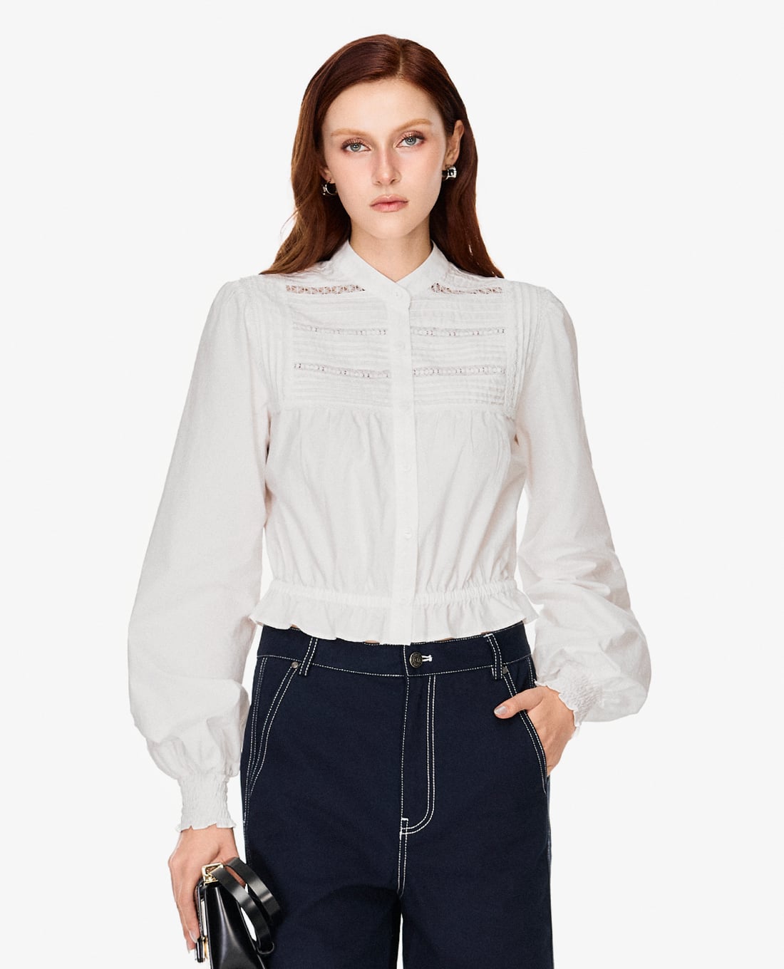 GIGI - Áo kiểu nữ cổ trụ tay phồng phối bèo nhún