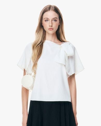  GIGI - Áo kiểu nữ cổ lệch tay ngắn thắt nơ 