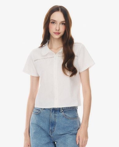  GIGI - Áo sơ mi nữ cổ bẻ tay ngắn viền ren 