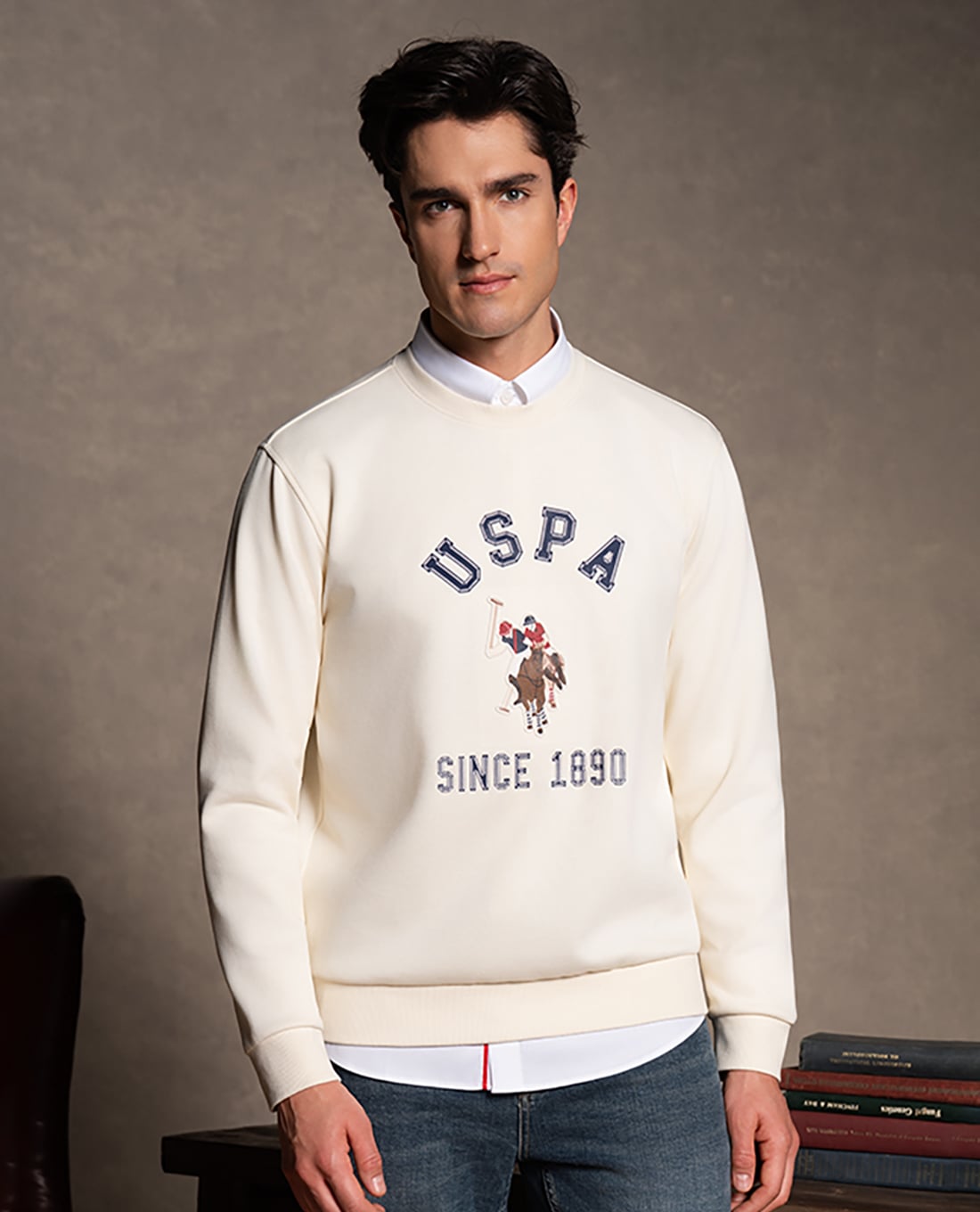 USPA - Áo sweatshirt nam cổ tròn tay dài phối logo